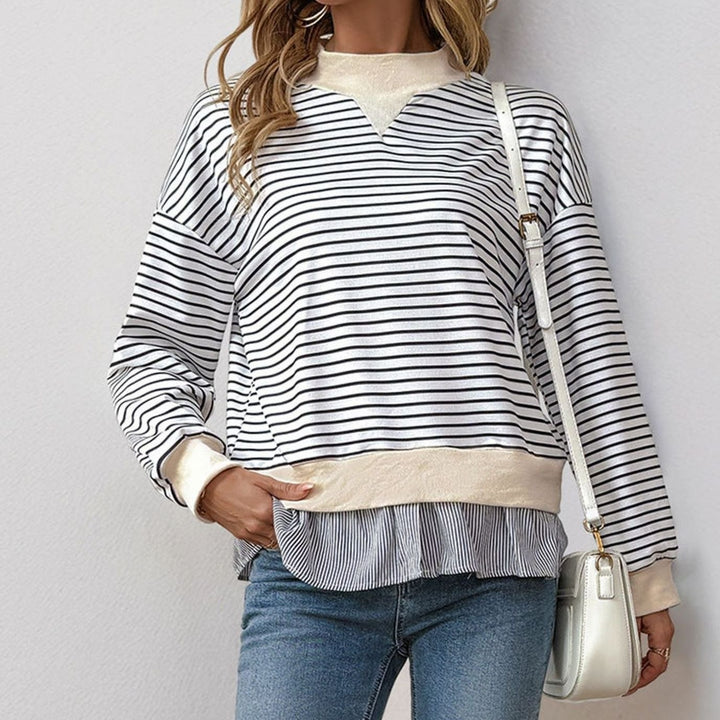 Women's Striped Mock-Neck Ruffle-Hem Layered Sweatshirt - Black and White