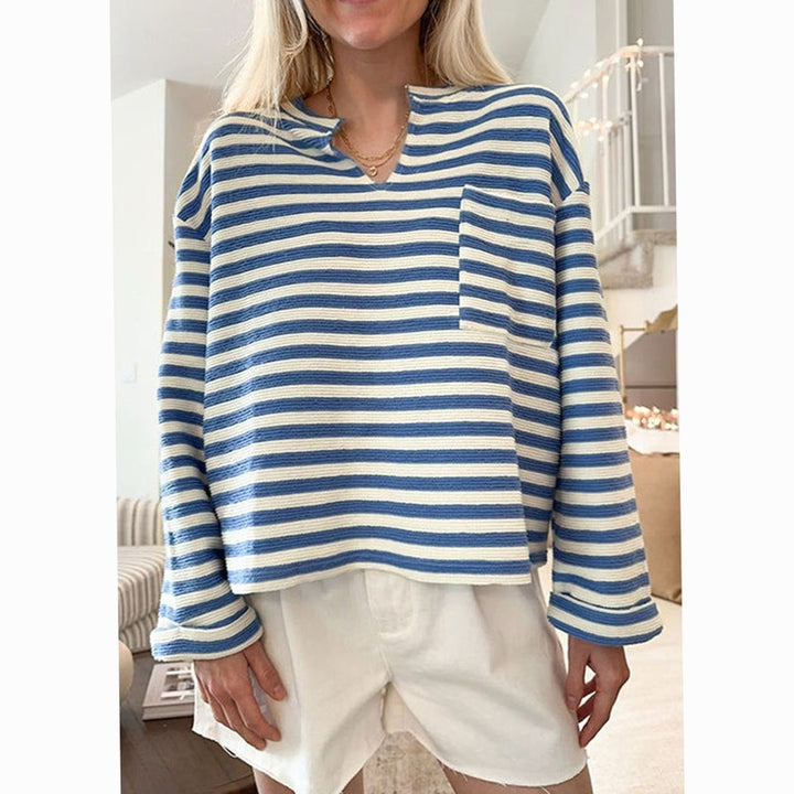 Women's Striped Oversized V-Neck Sweatshirt Chest Pocket