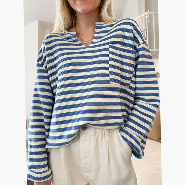 Women's Striped Oversized V-Neck Sweatshirt Chest Pocket