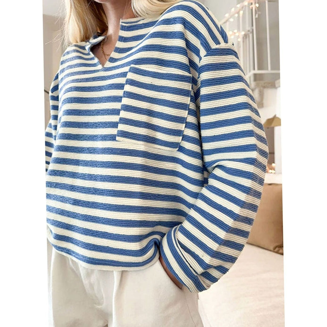 Women's Striped Oversized V-Neck Sweatshirt Chest Pocket