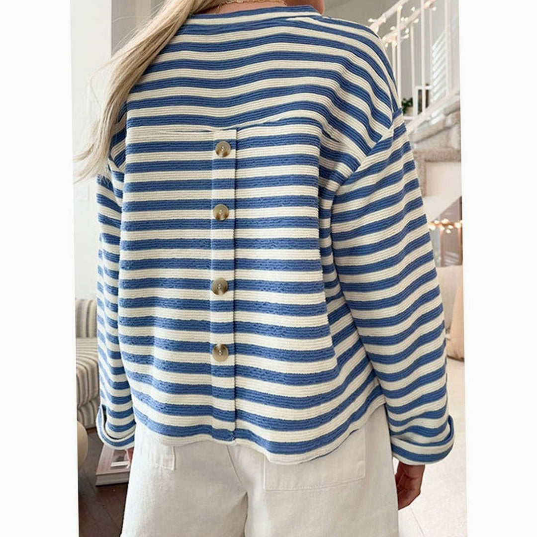 Women's Striped Oversized V-Neck Sweatshirt Chest Pocket