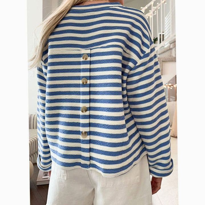 Women's Striped Oversized V-Neck Sweatshirt Chest Pocket