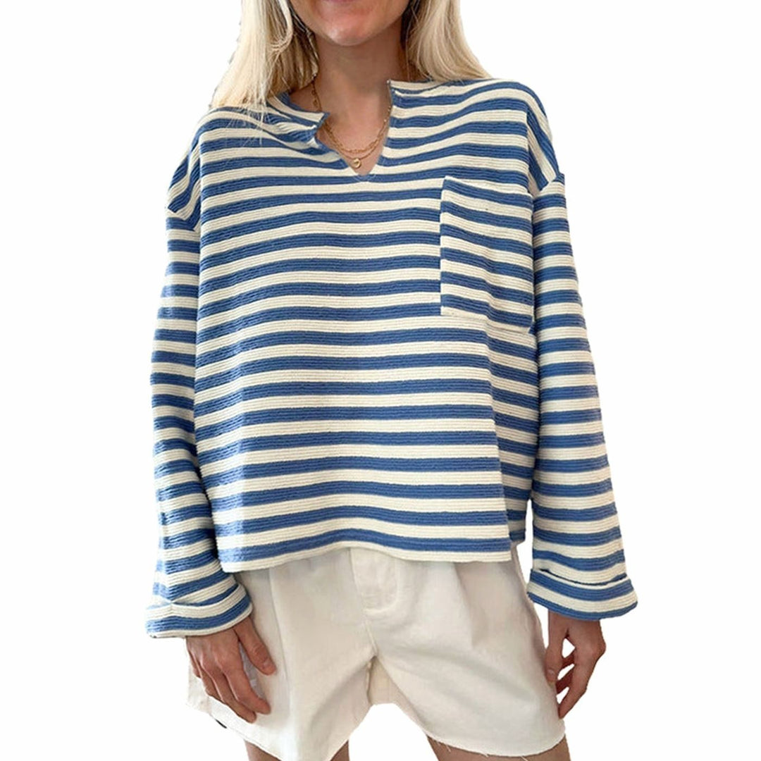 Women's Striped Oversized V-Neck Sweatshirt Chest Pocket