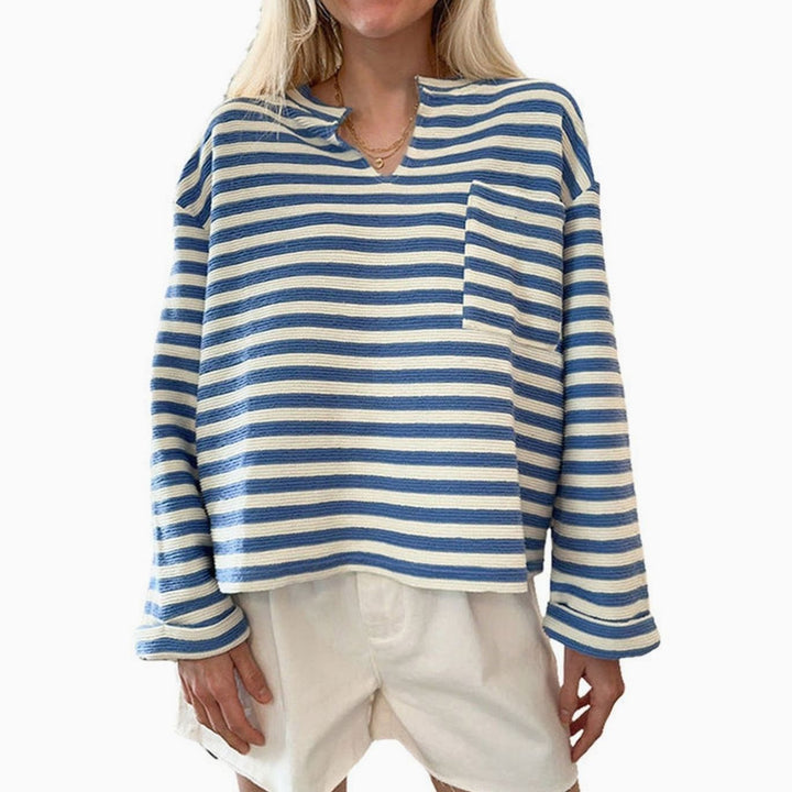 Women's Striped Oversized V-Neck Sweatshirt Chest Pocket - One Size