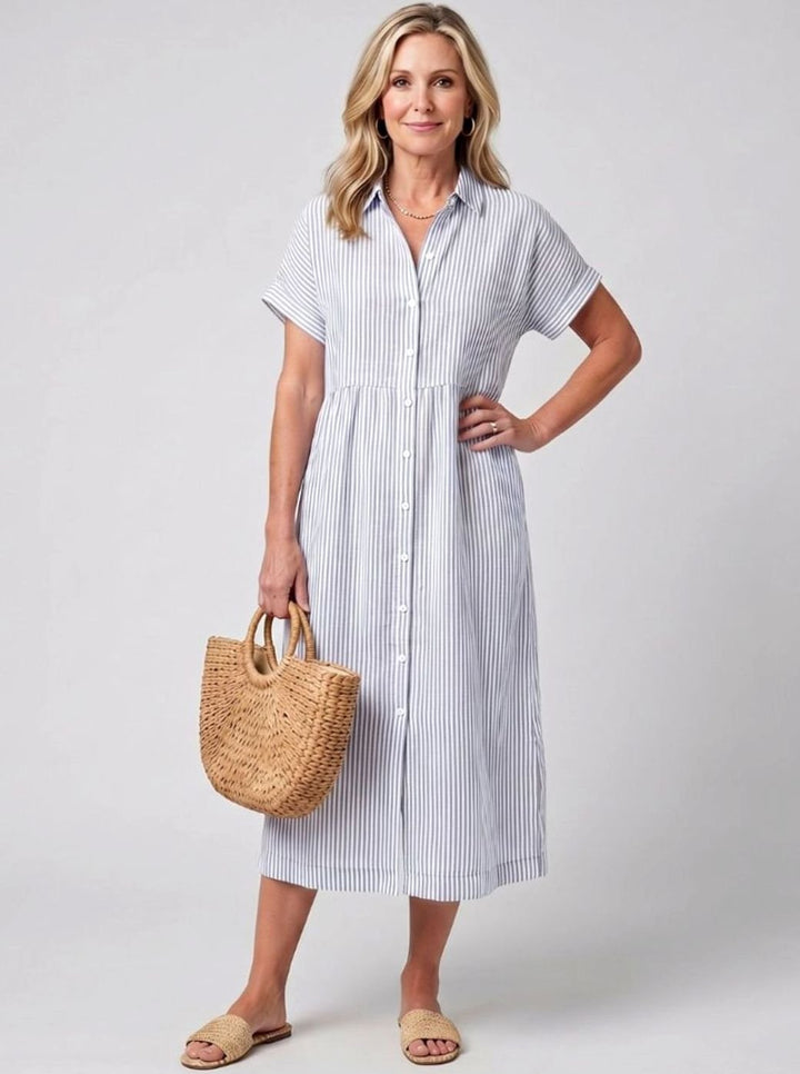 Women's Striped Relaxed-Fit Button-Front Midi Shirtdress