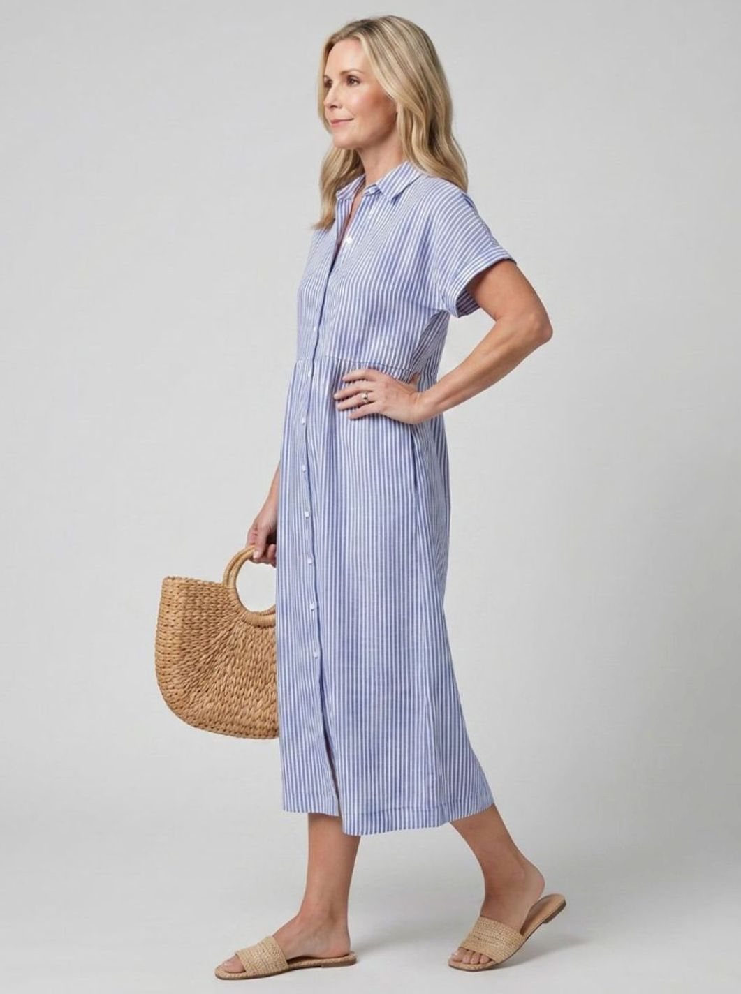 Women's Striped Relaxed-Fit Button-Front Midi Shirtdress