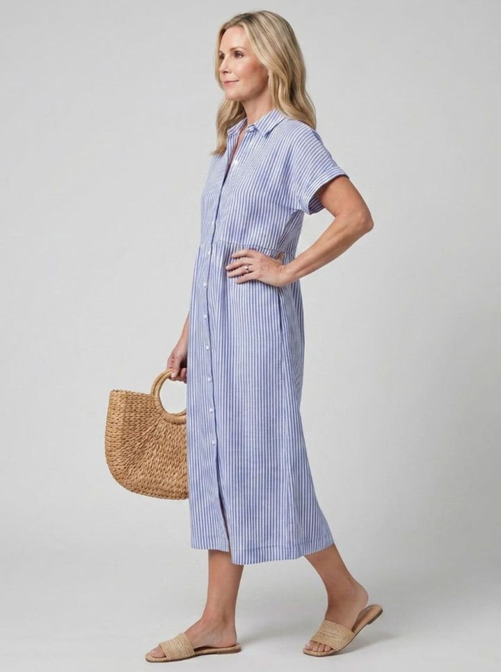 Women's Striped Relaxed-Fit Button-Front Midi Shirtdress
