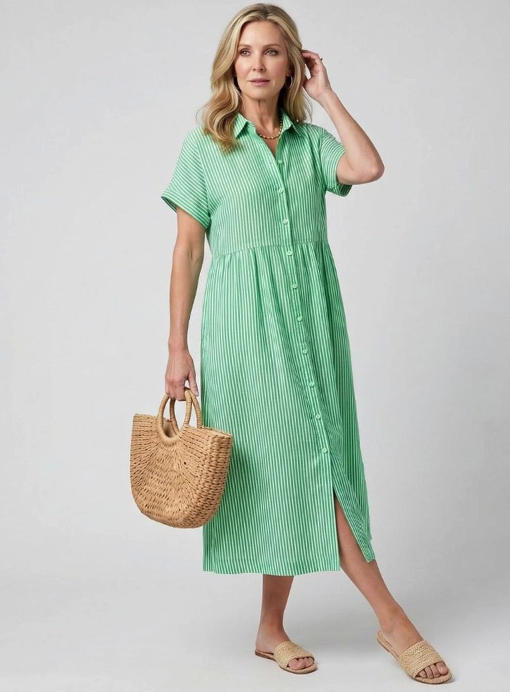 Women's Striped Relaxed-Fit Button-Front Midi Shirtdress
