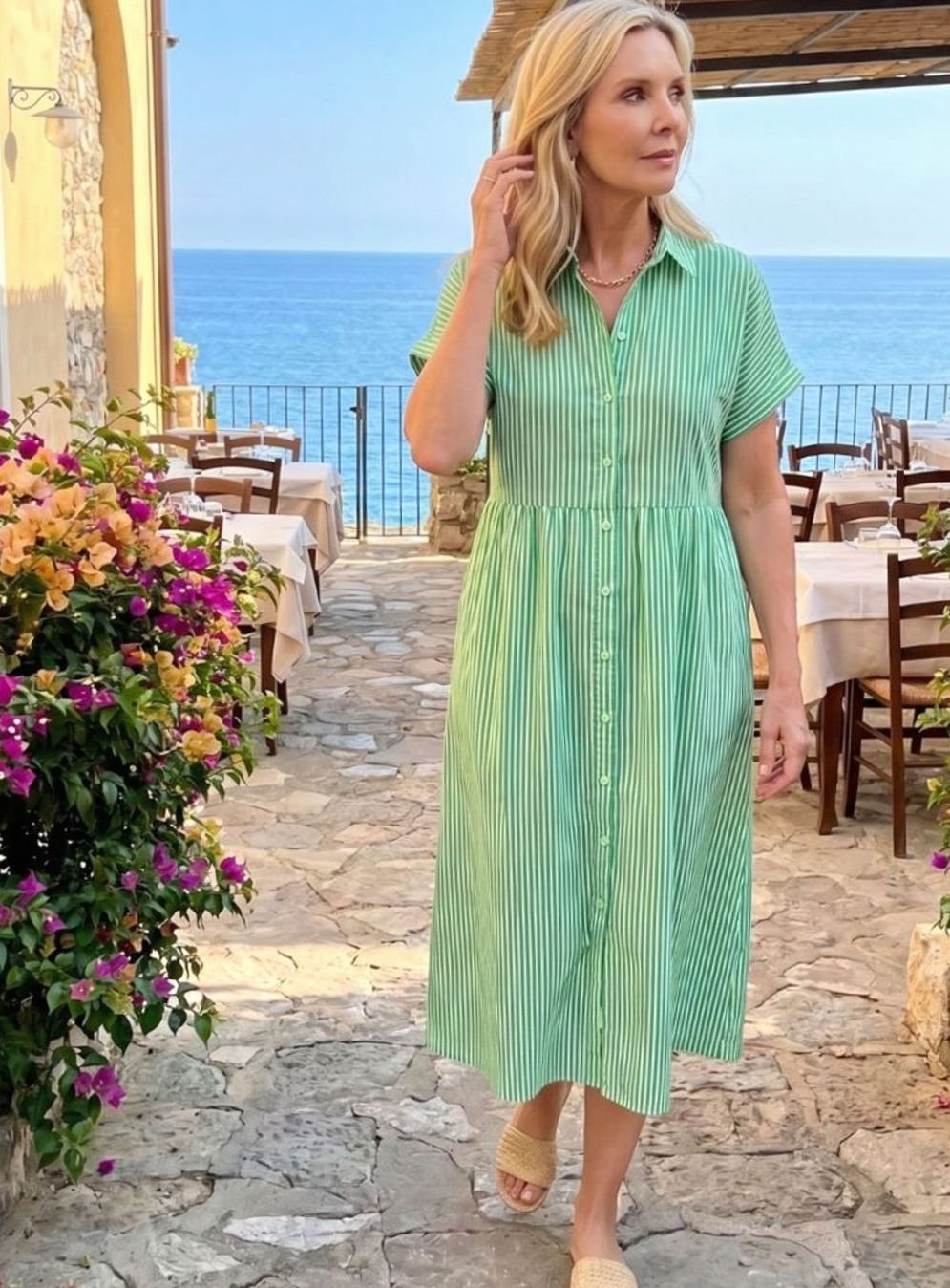 Women's Striped Relaxed-Fit Button-Front Midi Shirtdress