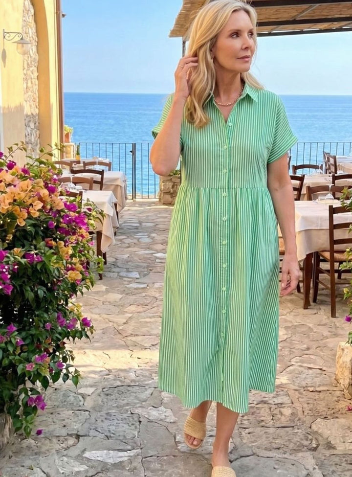 Women's Striped Relaxed-Fit Button-Front Midi Shirtdress