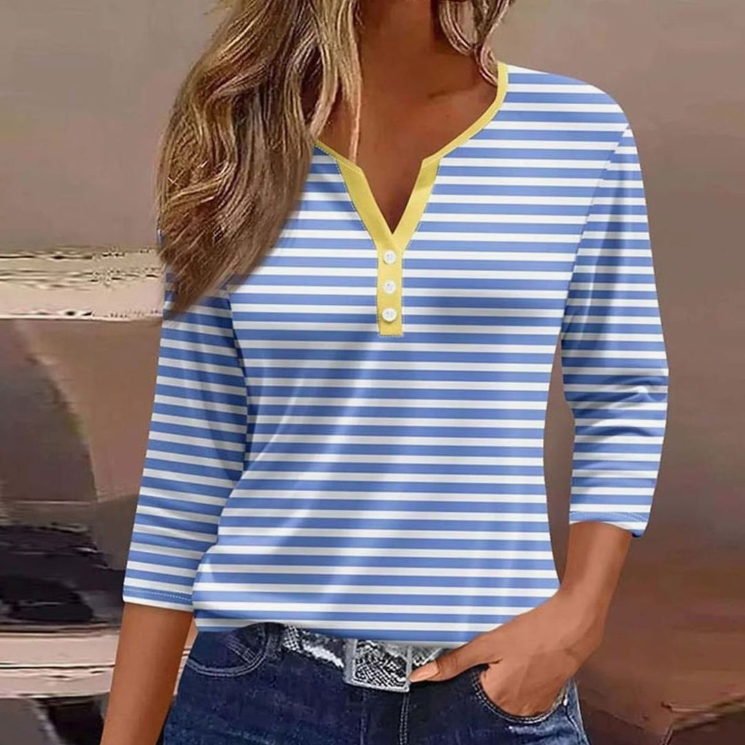 Women's Striped Three-Quarter Sleeve Henley Button-Neck Top