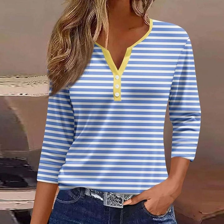 Women's Striped Three-Quarter Sleeve Henley Button-Neck Top