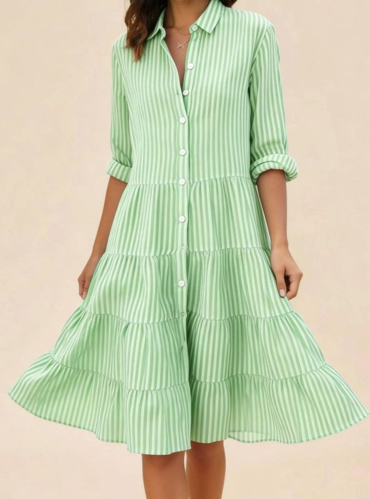 Women's Striped Tiered Shirt-Collar Loose Midi Dress