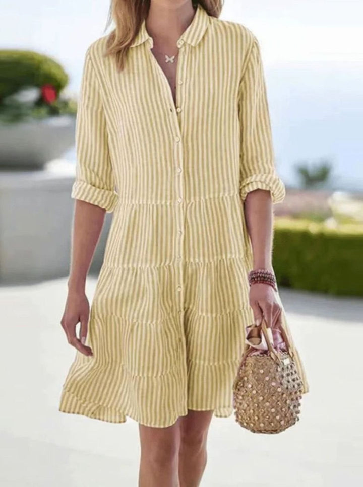 Women's Striped Tiered Shirt-Collar Loose Midi Dress