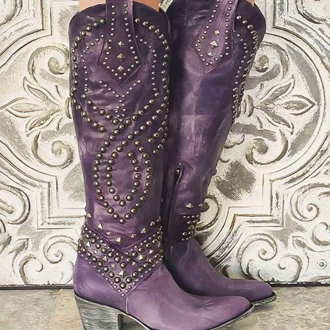 Women's Studded Knee-High Block-Heel Leather Western Boots - Purple