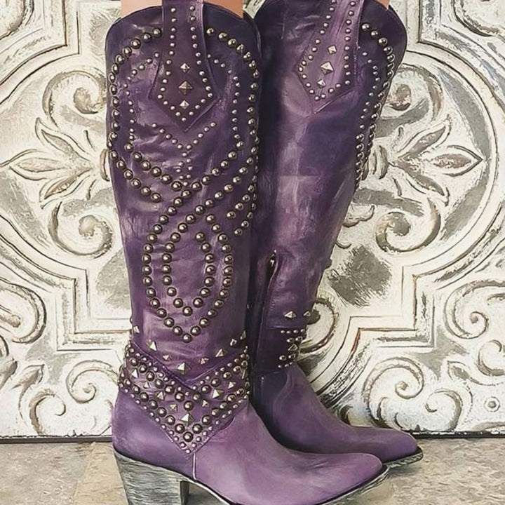 Women's Studded Knee-High Block-Heel Leather Western Boots - Purple