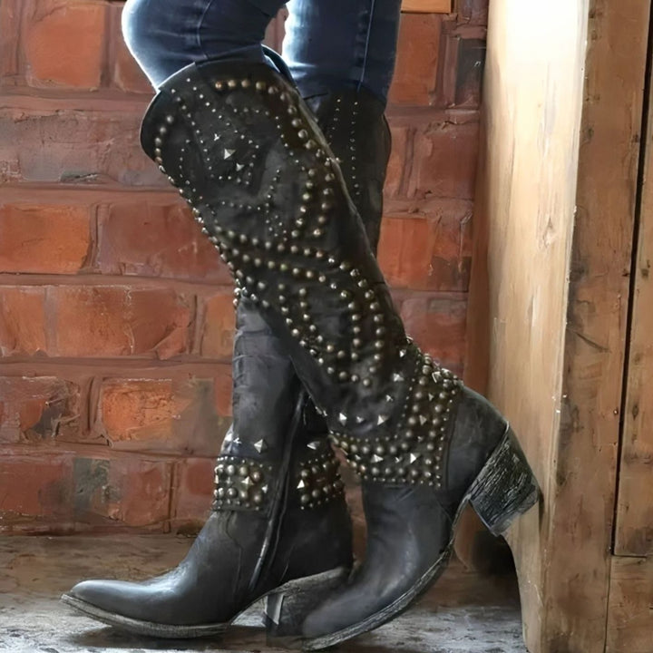 Women's Studded Knee-High Block-Heel Leather Western Boots - Black