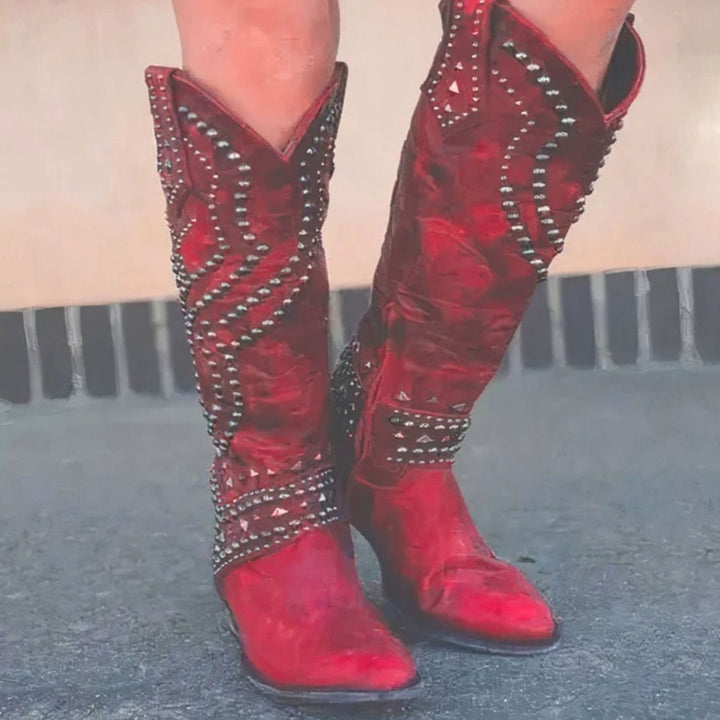 Women's Studded Knee-High Block-Heel Leather Western Boots - Red