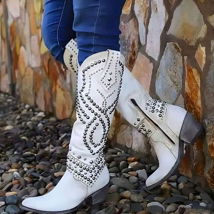 Women's Studded Knee-High Block-Heel Leather Western Boots - White