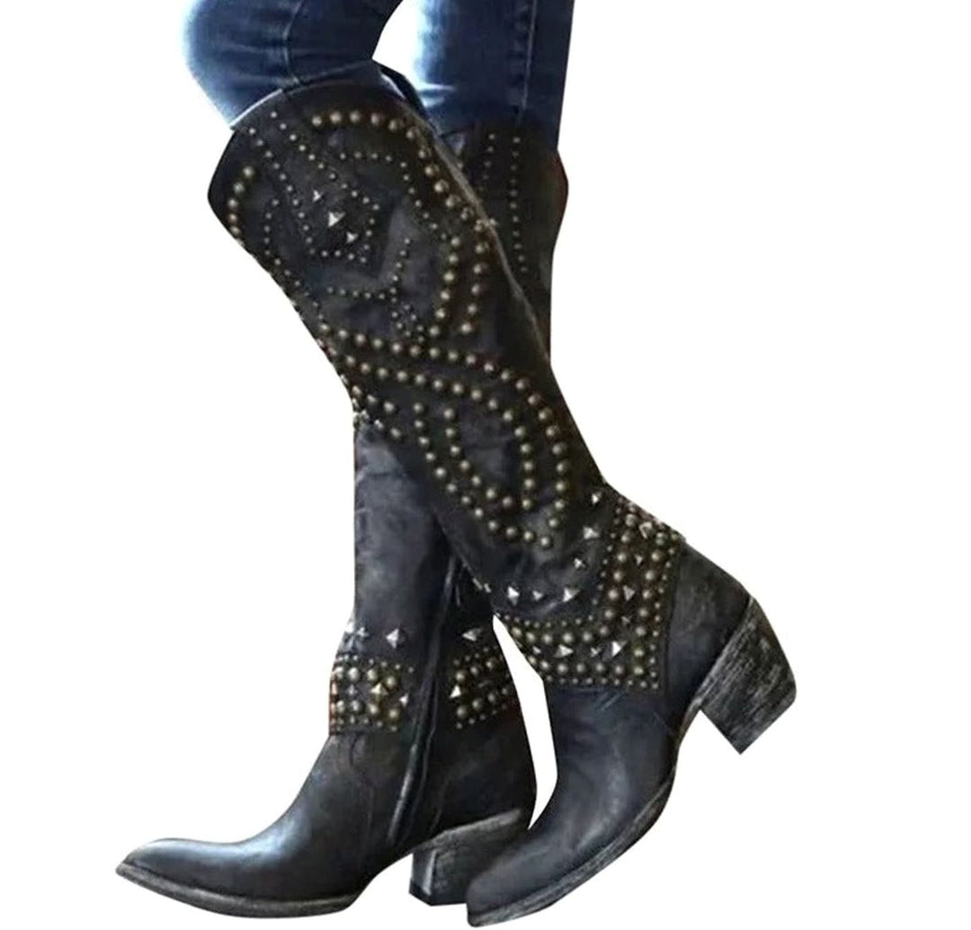 Women's Studded Knee-High Western Cowboy Block-Heel Boots - Black