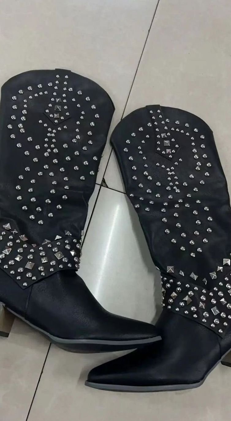 Women's Studded Knee-High Western Cowboy Block-Heel Boots