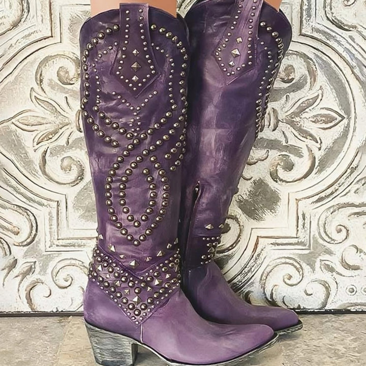Women's Studded Knee-High Western Cowboy Boots Block Heel - Purple