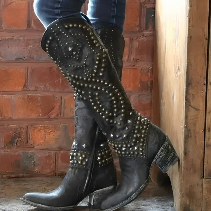 Women's Studded Knee-High Western Cowboy Boots Block Heel - Black