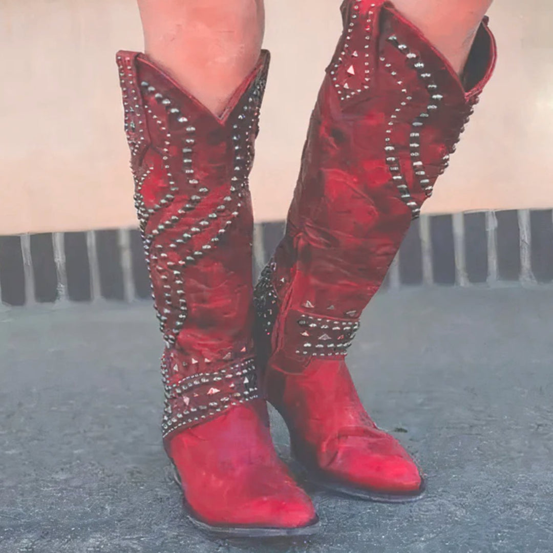 Women's Studded Knee-High Western Cowboy Boots Block Heel - Red