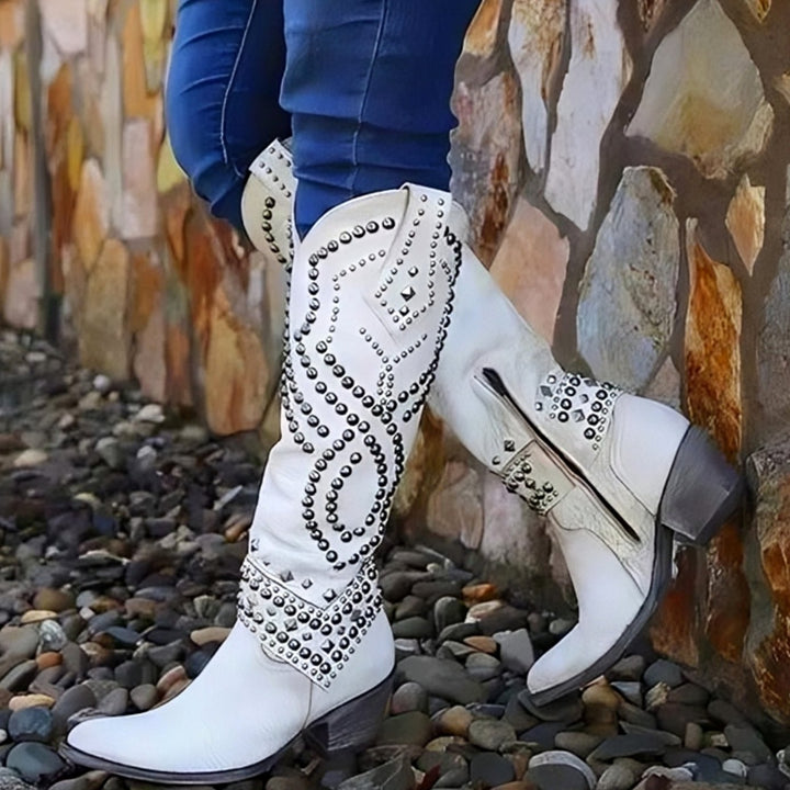 Women's Studded Knee-High Western Cowboy Boots Block Heel - White