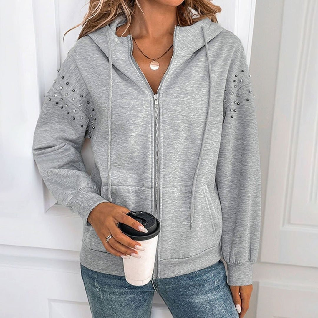 Women's Studded Sleeve Full-Zip Relaxed Hoodie - Light Grey