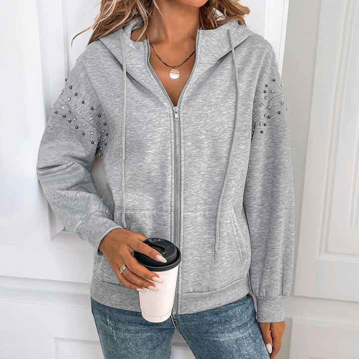 Women's Studded Sleeve Full-Zip Relaxed Hoodie - Light Grey
