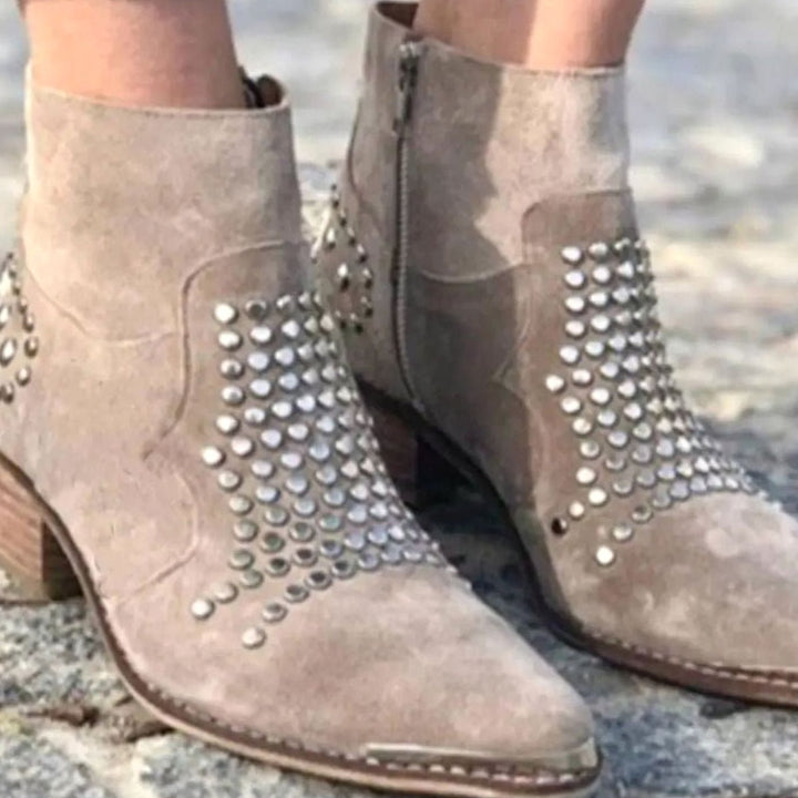Women's Studded Suede Block-Heel Ankle Boots Pointed Toe Side-Zip