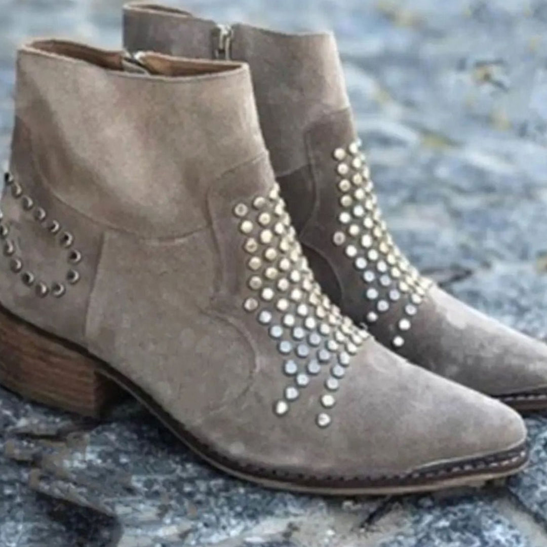 Women's Studded Suede Block-Heel Ankle Boots Pointed Toe Side-Zip