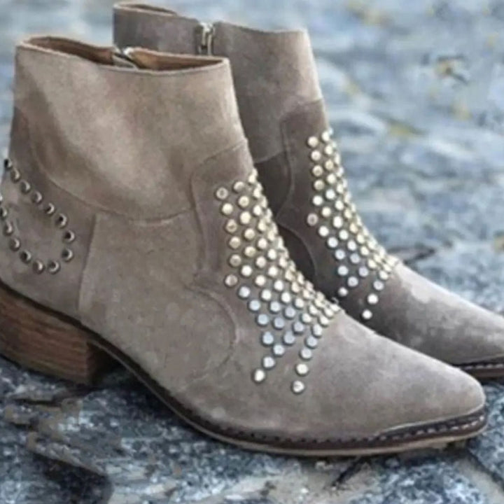 Women's Studded Suede Block-Heel Ankle Boots Pointed Toe Side-Zip