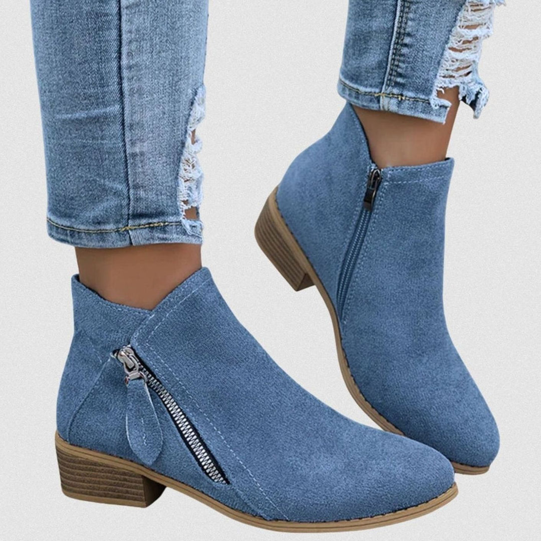 Women's Suede Block Heel Ankle Boots Side Zip
