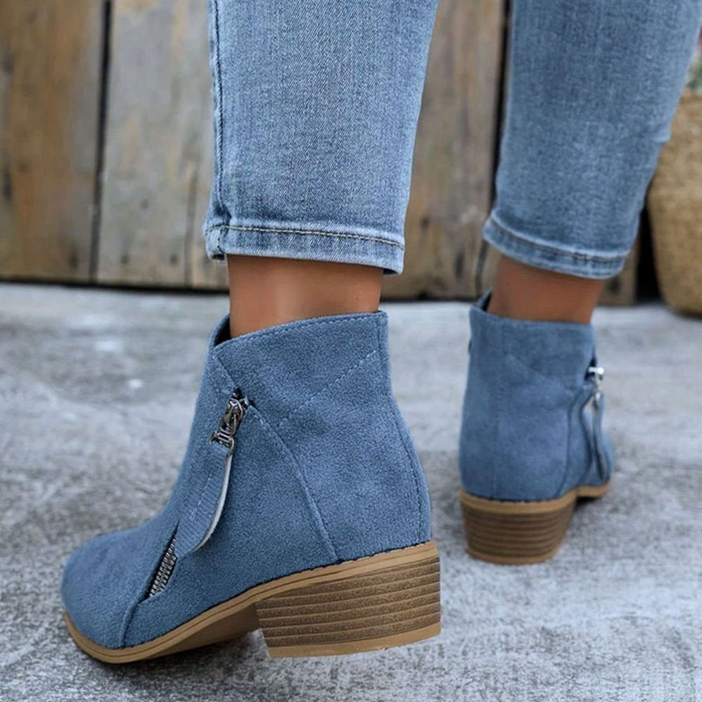 Women's Suede Block Heel Ankle Boots Side Zip