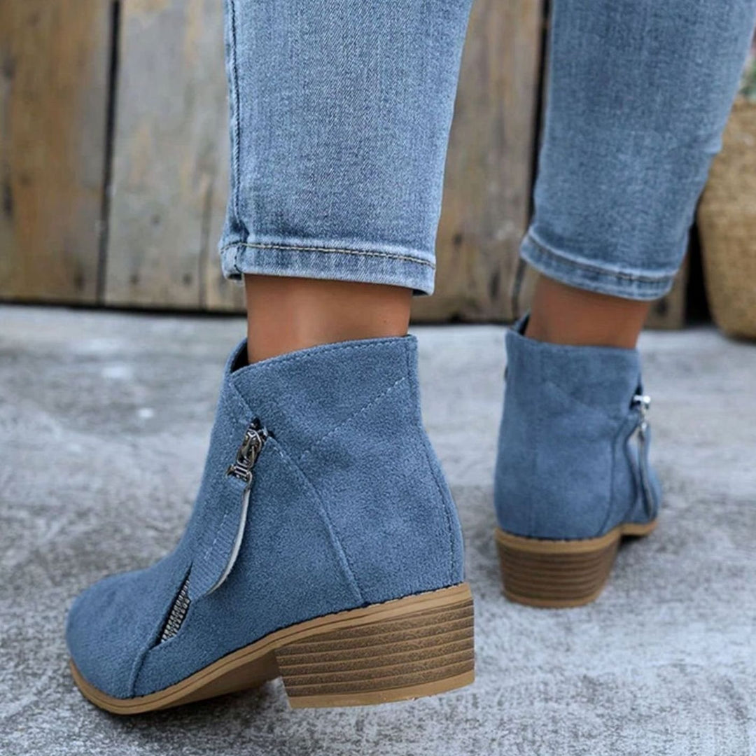 Women's Suede Block Heel Ankle Boots Side Zip