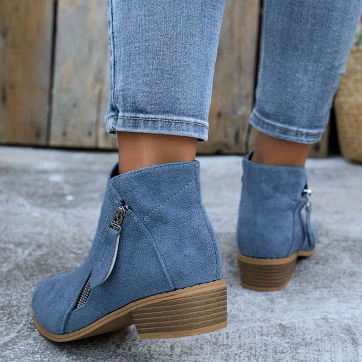 Women's Suede Block Heel Ankle Boots Side Zip