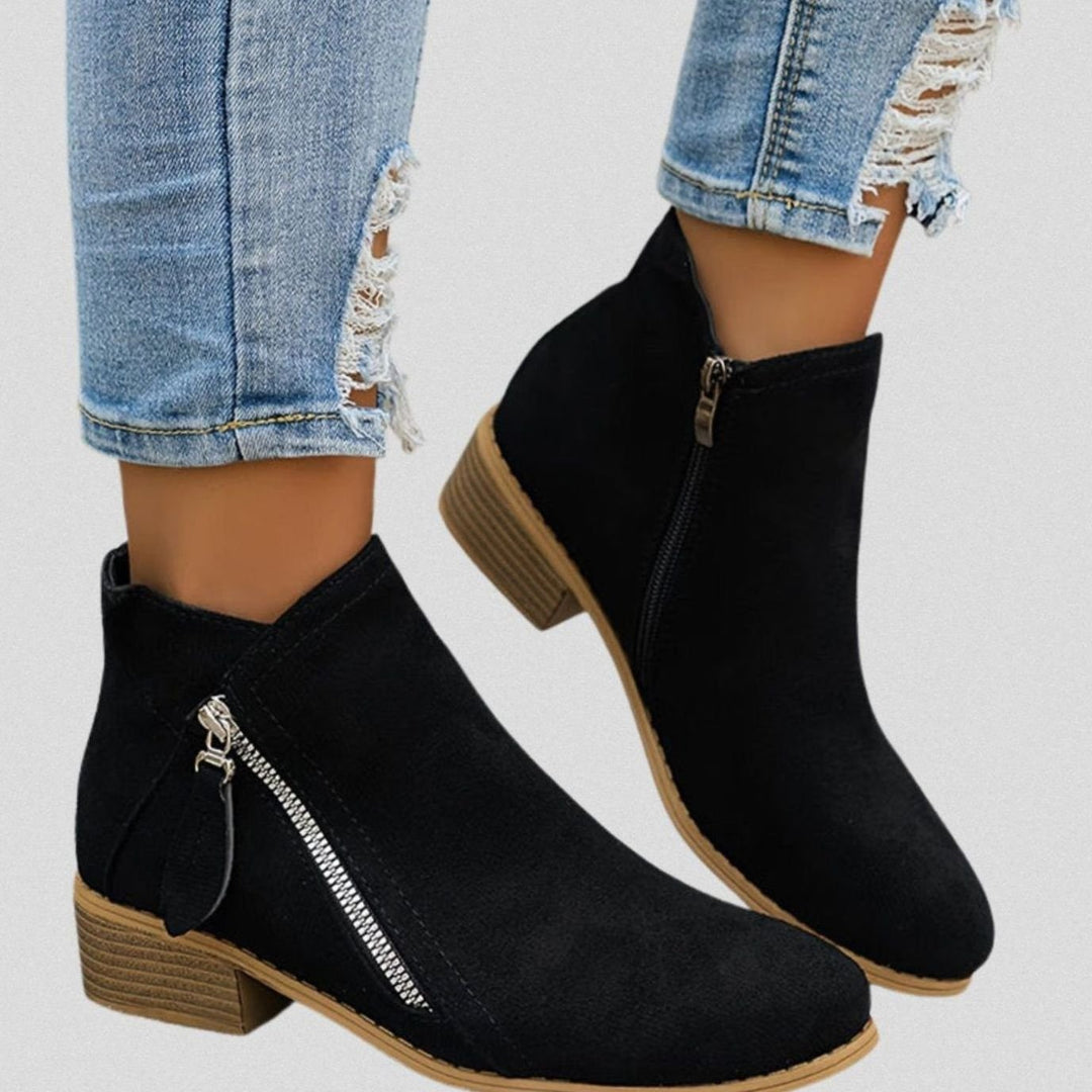 Women's Suede Block Heel Ankle Boots Side Zip
