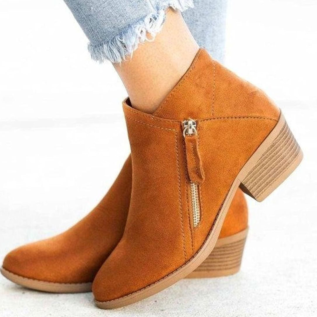 Women's Suede Block-Heel Side-Zip Ankle Boots - Orange