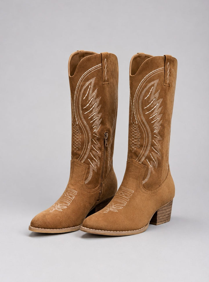 Women's Suede Cowboy Boots Block Heel Western Knee-High - Brown