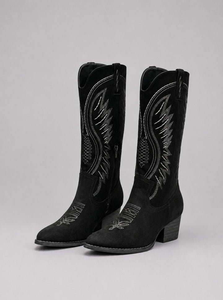 Women's Suede Cowboy Boots Block Heel Western Knee-High - Black