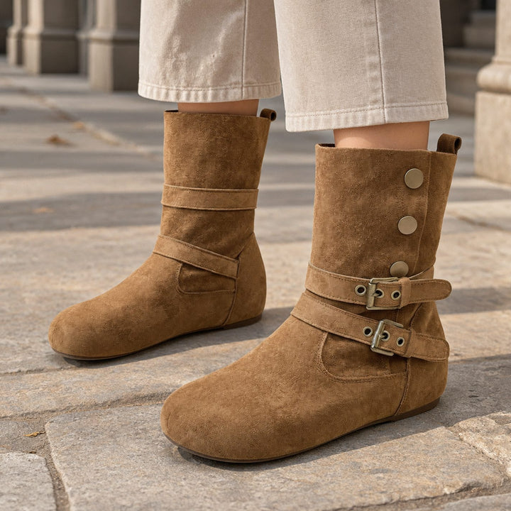 Women's Suede Double Buckle Flat Mid-Calf Boots - Camel