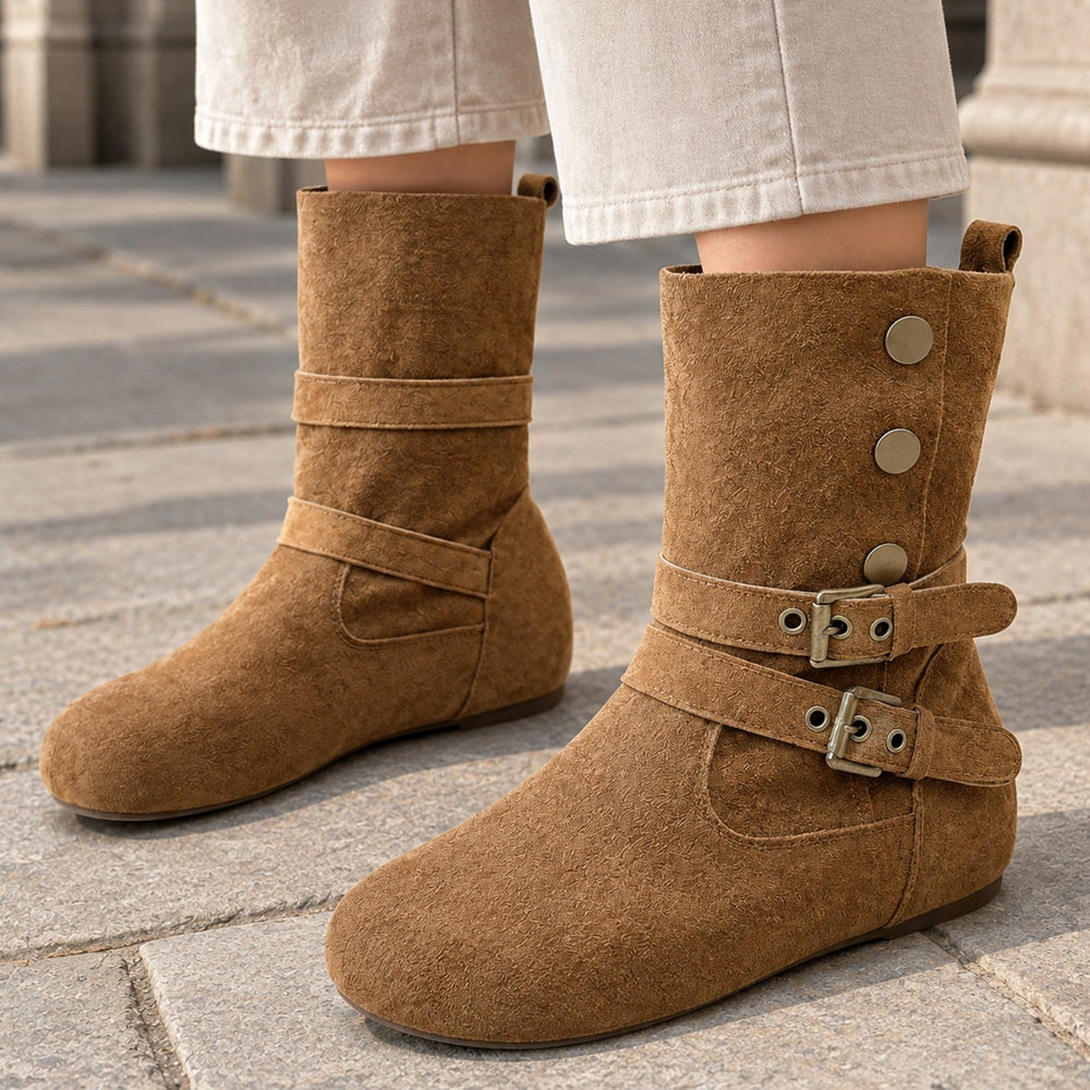 Women's Suede Double Buckle Flat Mid-Calf Boots