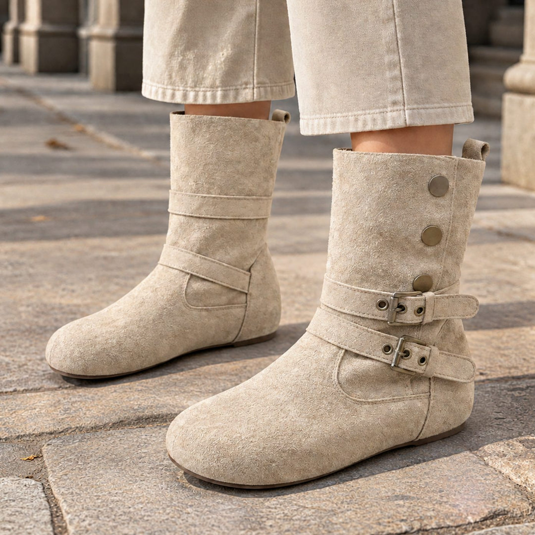 Women's Suede Double Buckle Flat Mid-Calf Boots - Beige
