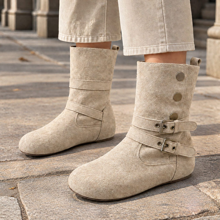 Women's Suede Double Buckle Flat Mid-Calf Boots - Beige