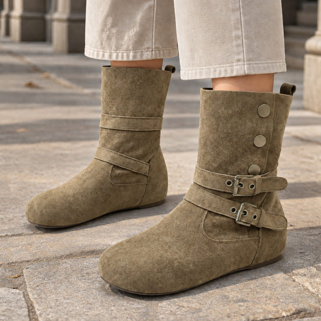 Women's Suede Double Buckle Flat Mid-Calf Boots - Khaki