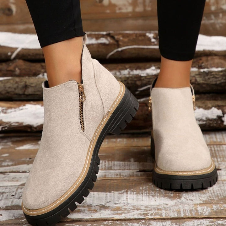 Women's Suede-Effect Platform Ankle Boots Side Zip Chunky Sole - Beige