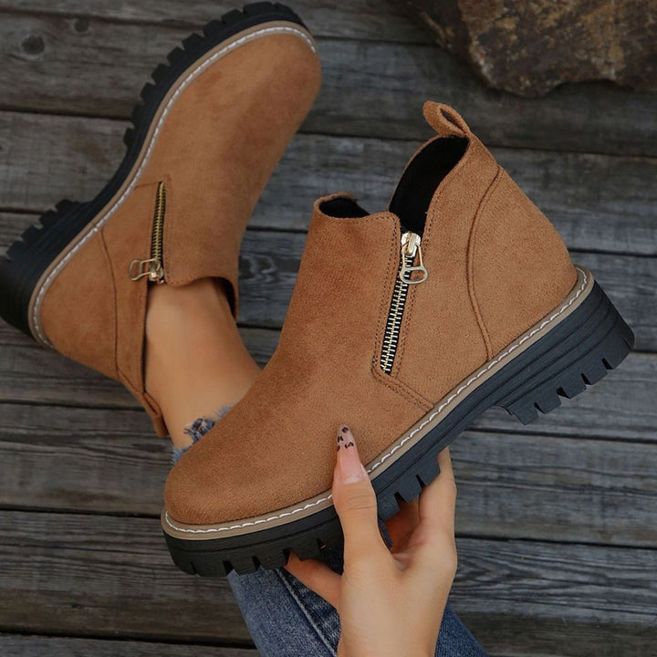 Women's Suede-Effect Platform Ankle Boots Side Zip Chunky Sole - Brown
