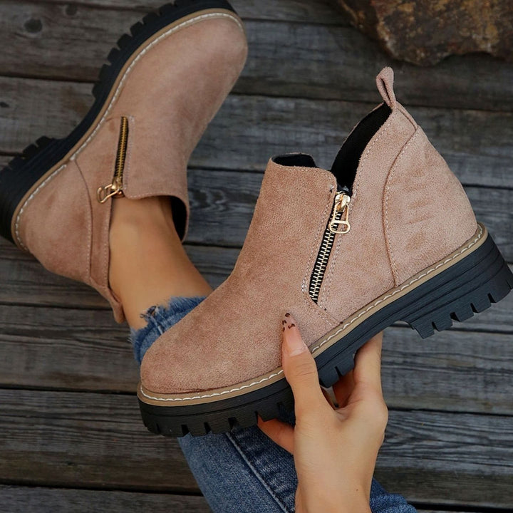 Women's Suede-Effect Platform Ankle Boots Side Zip Chunky Sole - Pink